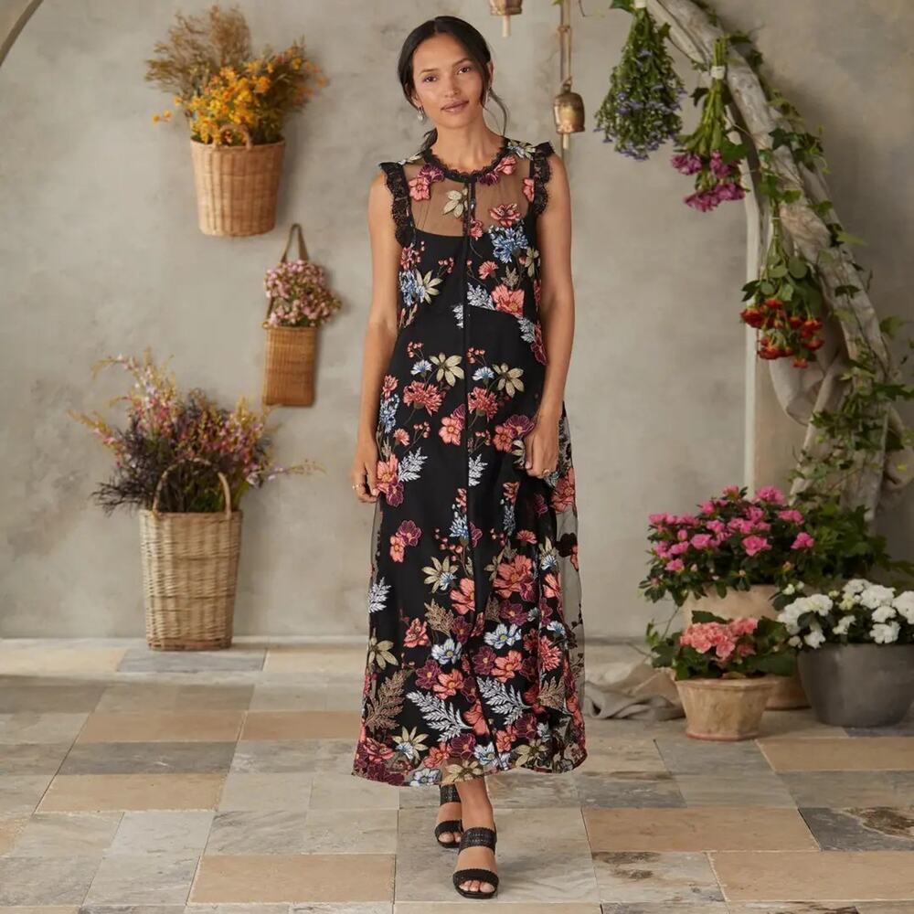 Sundance Chinon Fleur Embroidered Mesh Dress Black Petite XS EUC